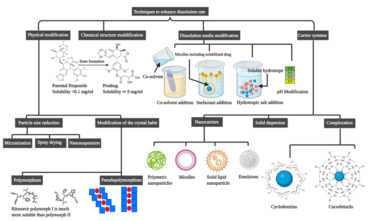 Figure 1: Enhancement strategies for drug solubility and dissolution rate.