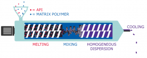 The API is mixed with a matrix polymer in the extruder to enable homogeneous dispersion of the API within the polymer.