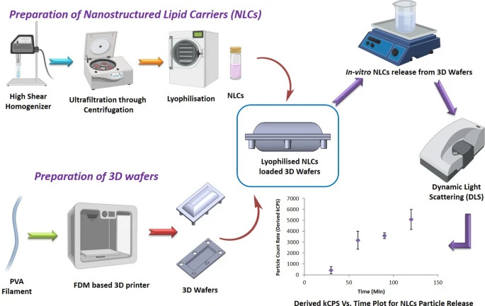 graphical abstract of Fused deposition modeling (FDM)-mediated 3D-printed mouth-dissolving wafers loaded with nanostructured lipid carriers (NLCs) for in vitro release